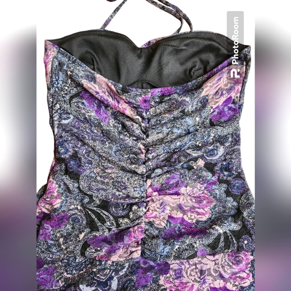 Le Château Strapless Ruched Purple Floral Mesh A-line Dress - Picture 4 of 7